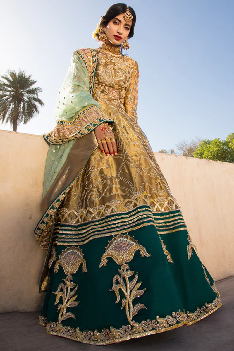 Pakistani Coral and Emerald Embroidered Tissue Silk Bridal Lehenga (3-Piece) - Image 1