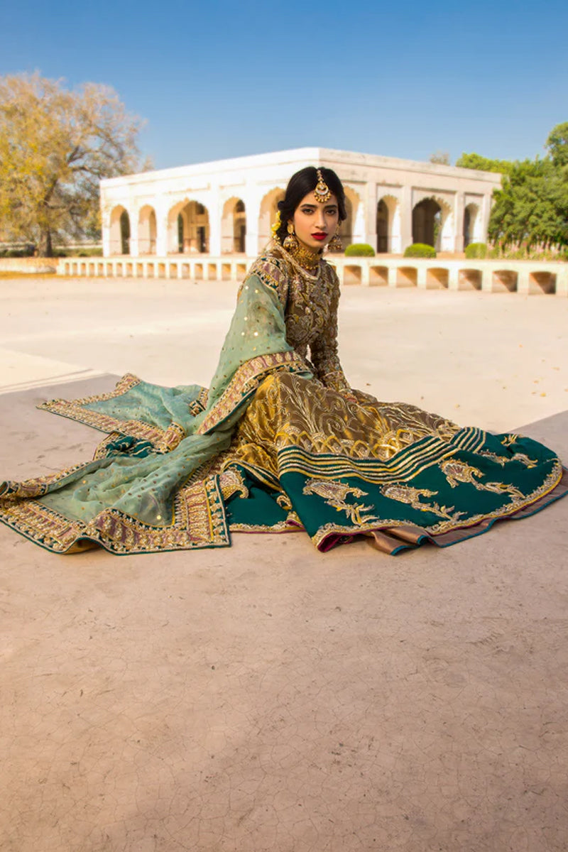 Pakistani Coral and Emerald Embroidered Tissue Silk Bridal Lehenga (3-Piece) - Image 3