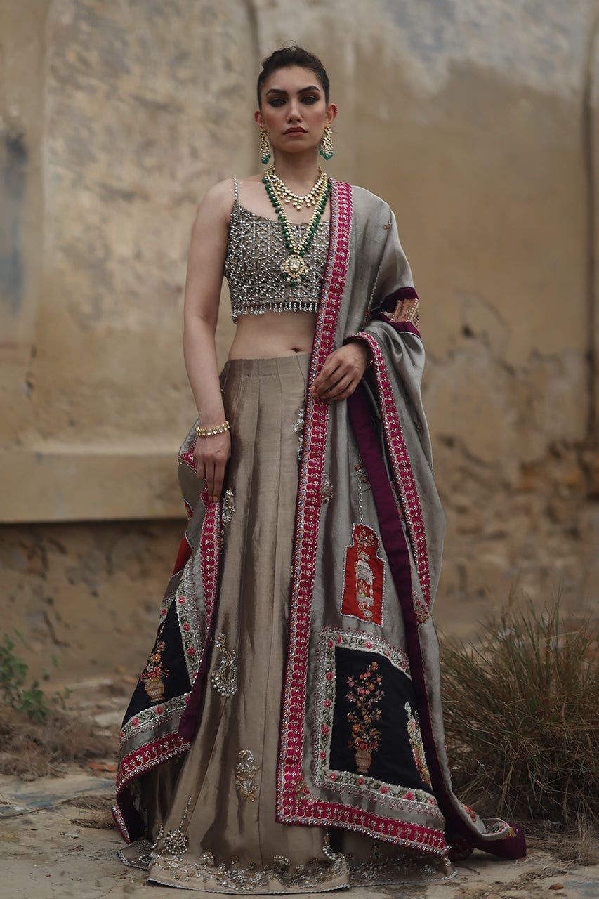 Pakistani Metallic Gold Embroidered Tissue Silk Lehenga (3-Piece) - Image 1