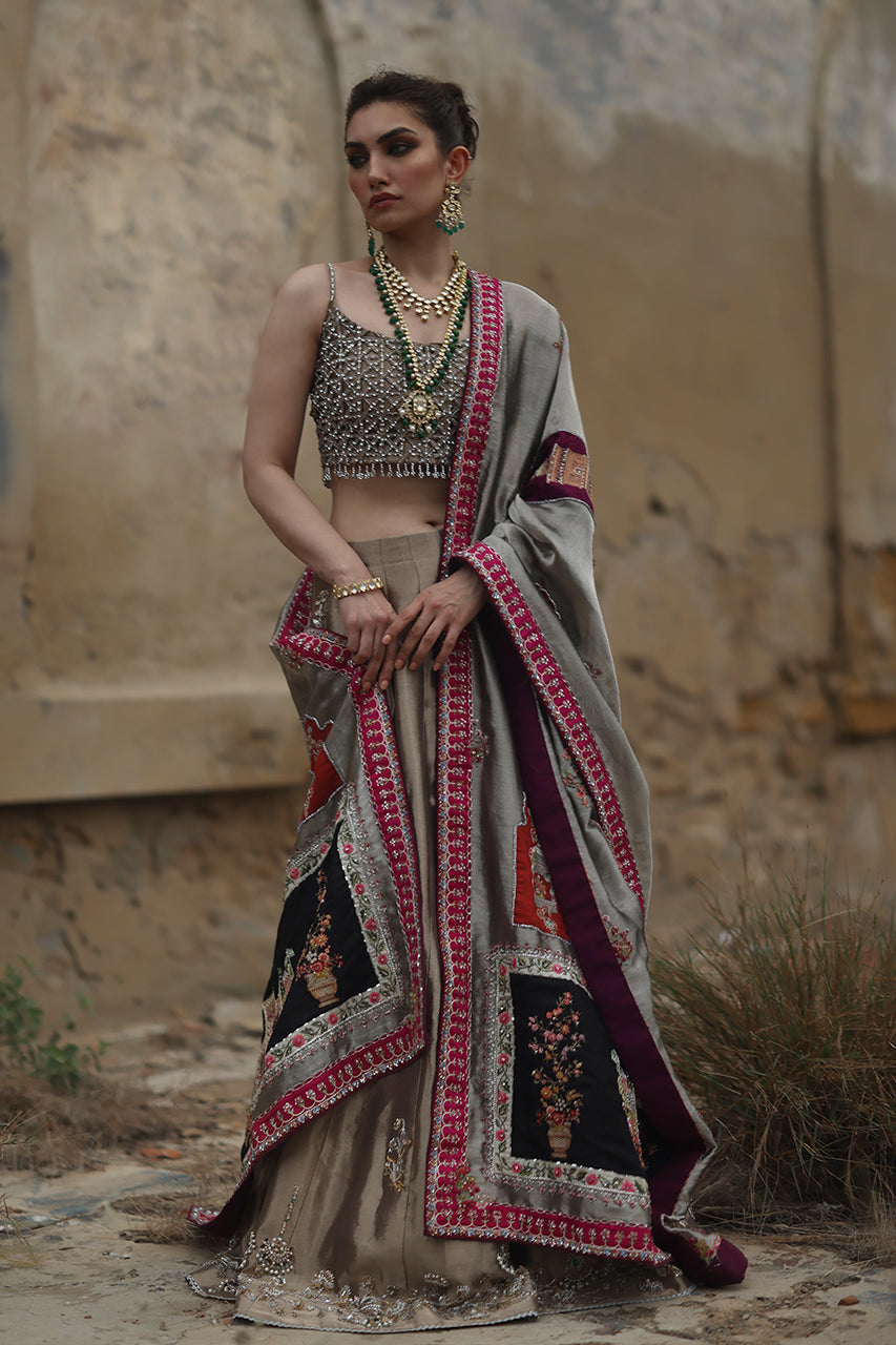 Metallic Gold Resham Zardozi Tissue Silk Lehenga (3-Piece) - Image 3