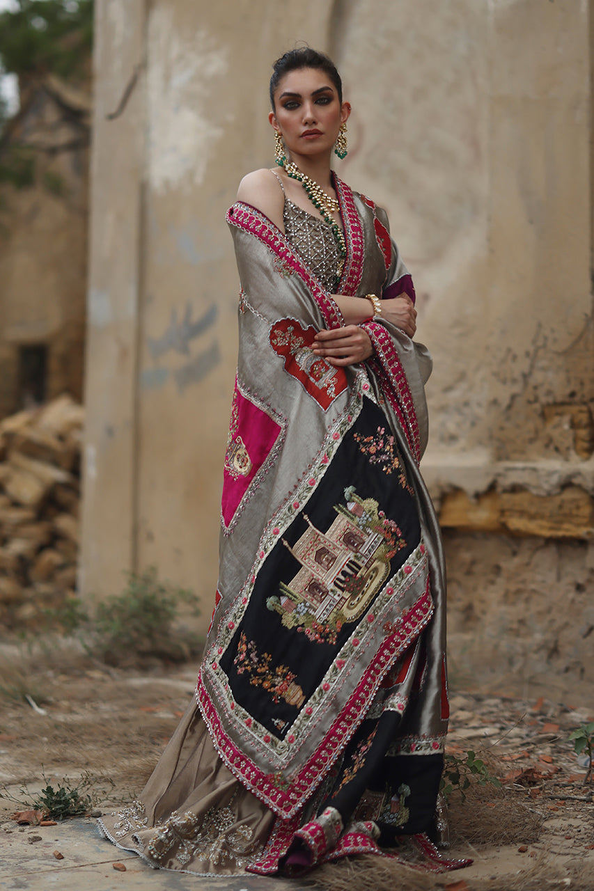 Metallic Gold Resham Zardozi Tissue Silk Lehenga (3-Piece) - Image 4