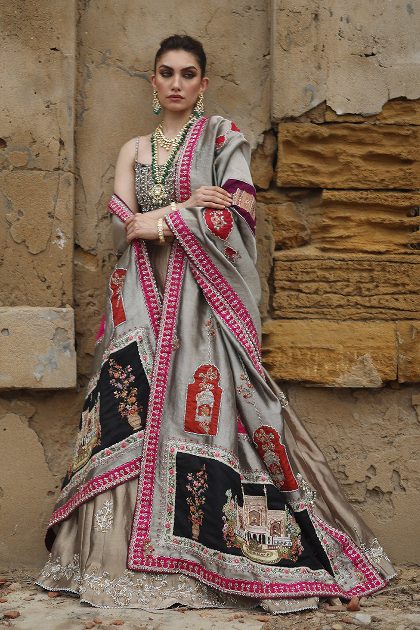 Metallic Gold Resham Zardozi Tissue Silk Lehenga (3-Piece) - Image 6