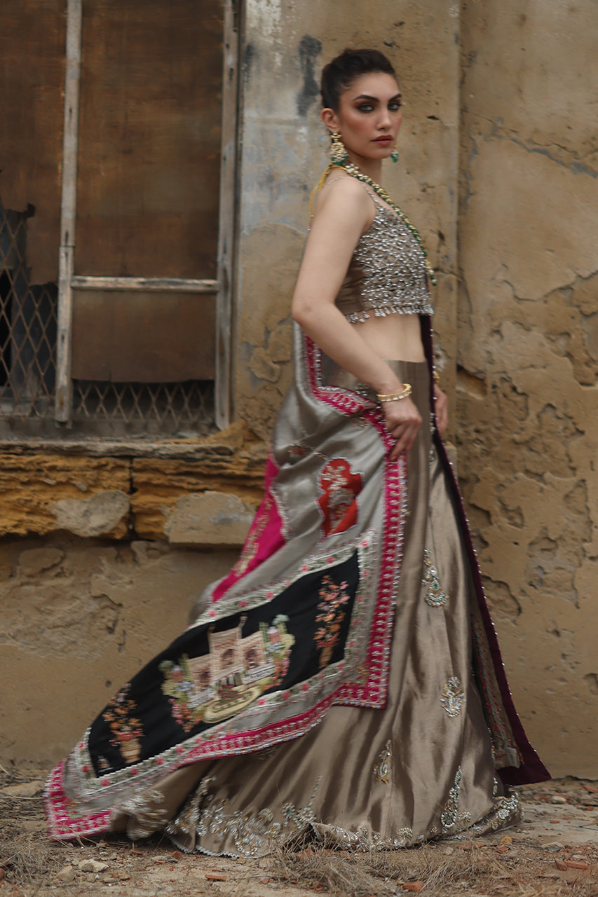 Metallic Gold Resham Zardozi Tissue Silk Lehenga (3-Piece) - Image 7