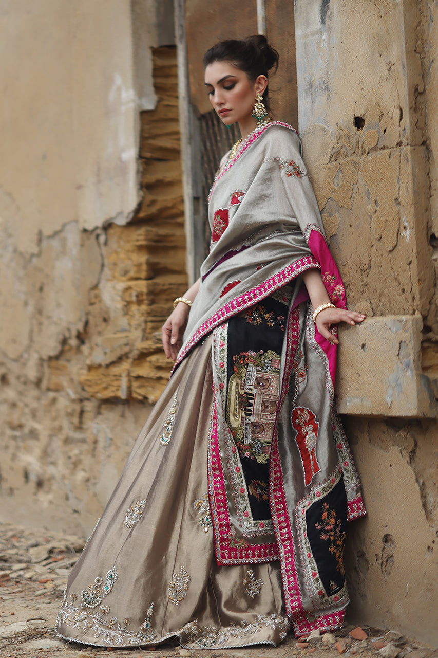 Metallic Gold Resham Zardozi Tissue Silk Lehenga (3-Piece) - Image 8