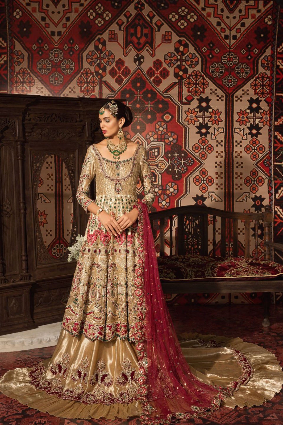Gold Embellished Tissue Silk Bridal Lehenga (3-Piece) - Image 2