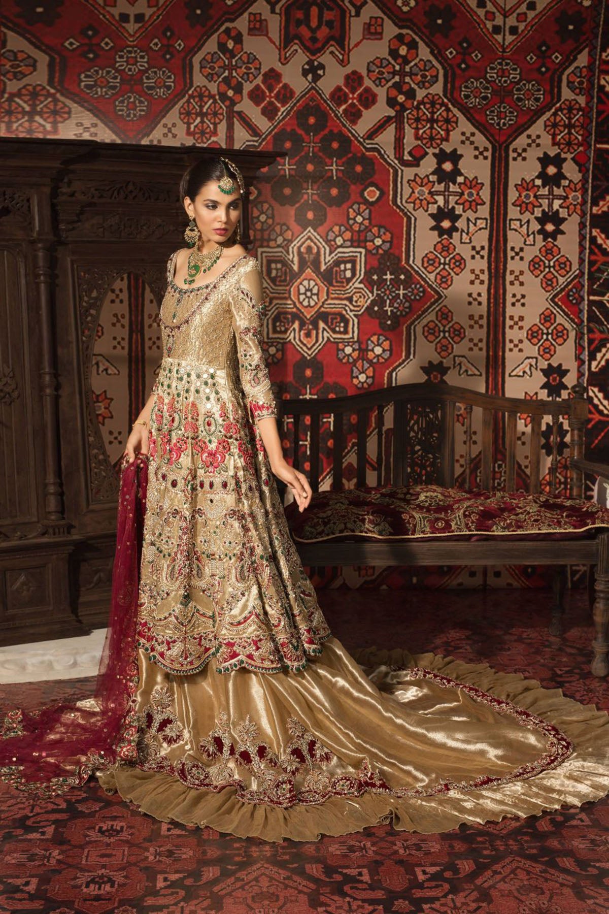 Gold Embellished Tissue Silk Bridal Lehenga (3-Piece) - Image 3