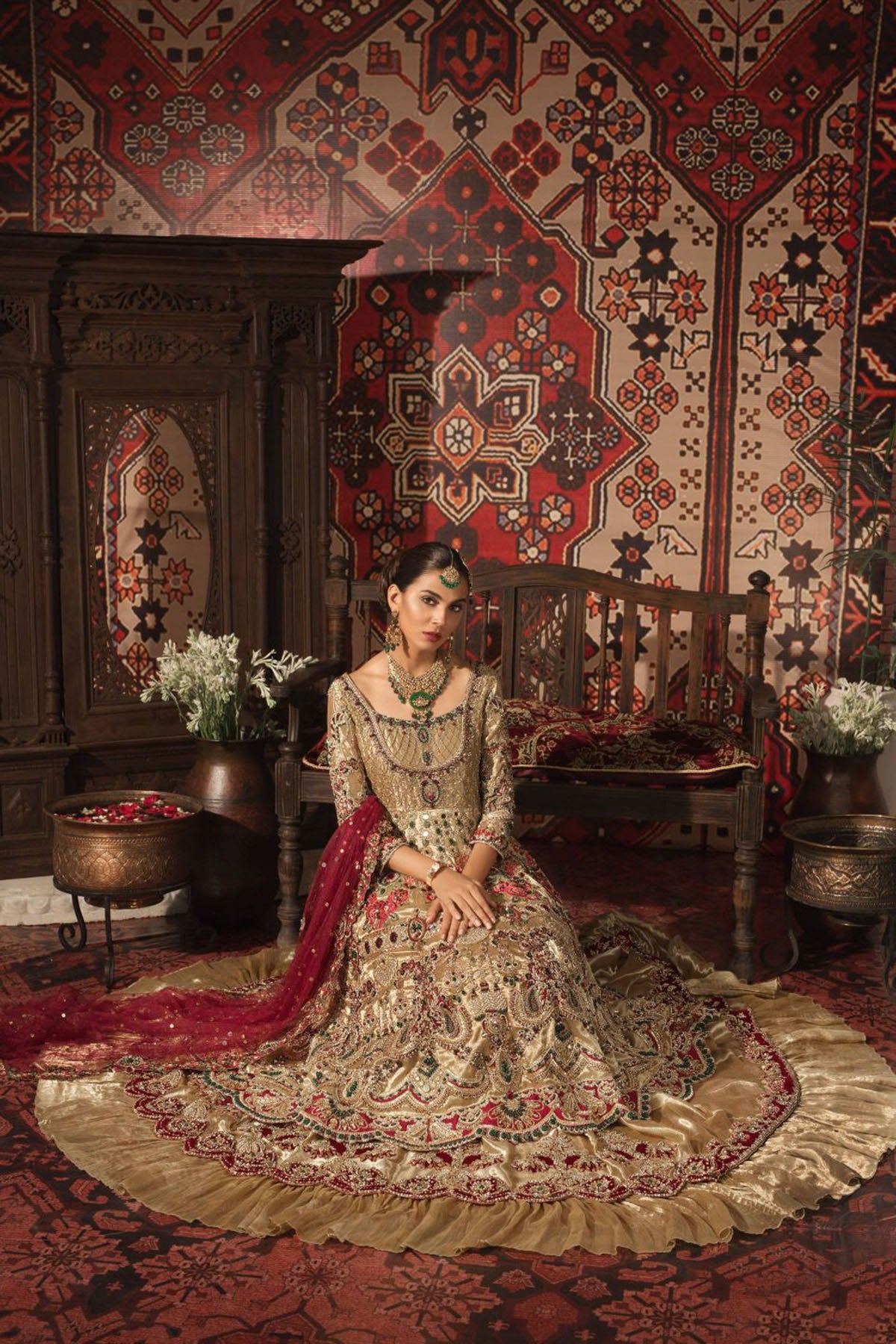 Gold Embellished Tissue Silk Bridal Lehenga (3-Piece) - Image 4