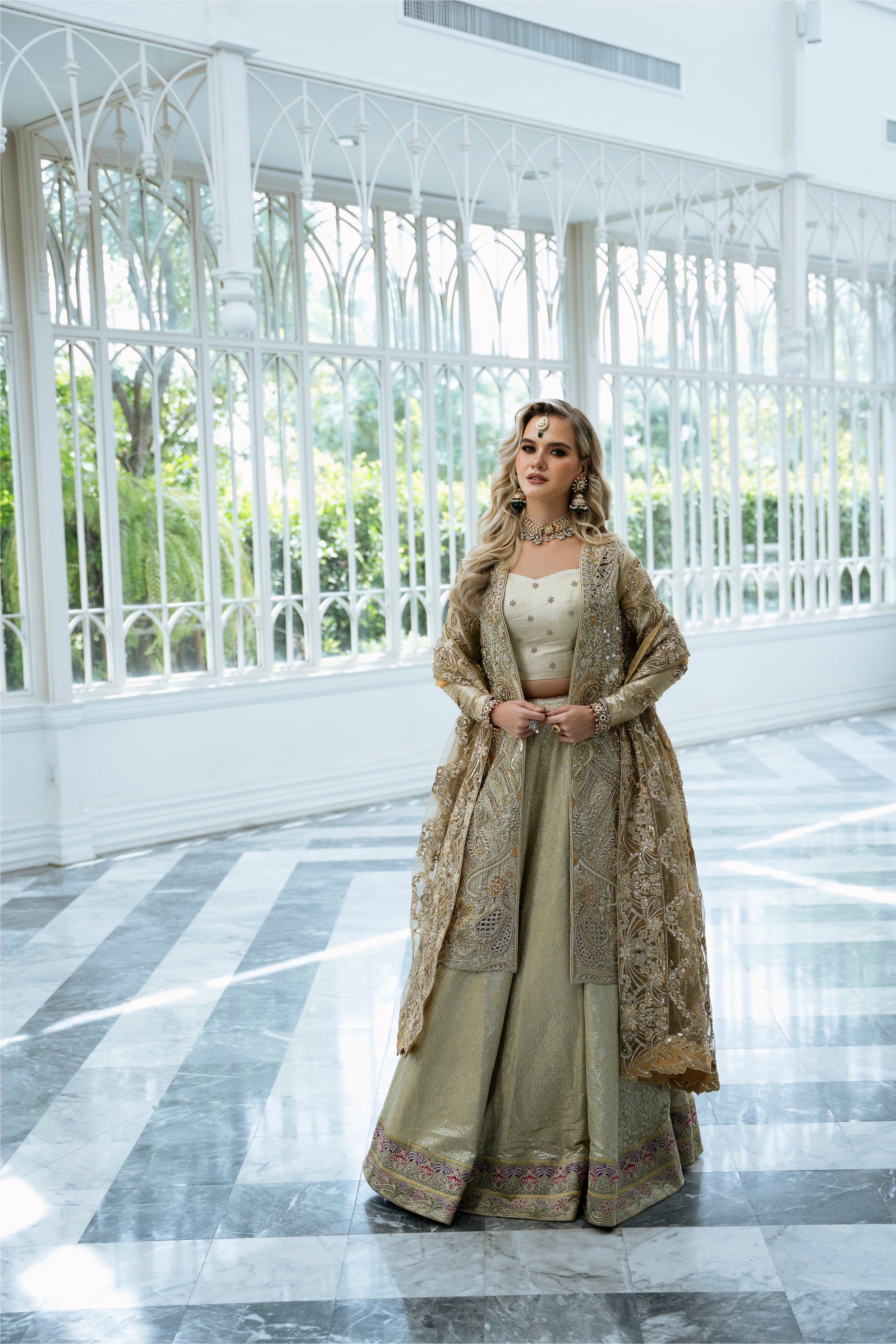 Pakistani Golden Embroidered Tissue Lehenga Set (3-Piece) - Image 1