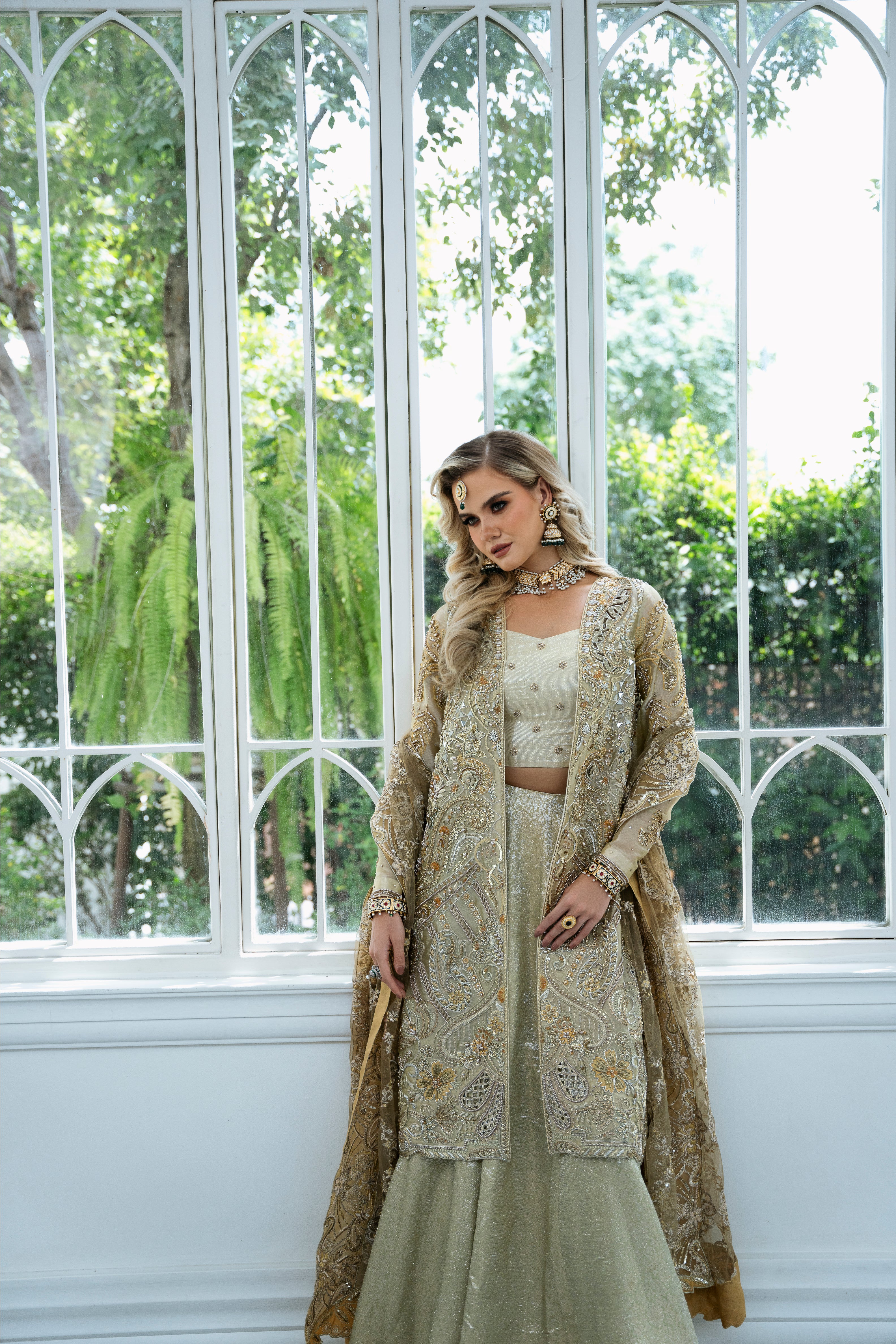 Pakistani Golden Embroidered Tissue Lehenga Set (3-Piece) - Image 2