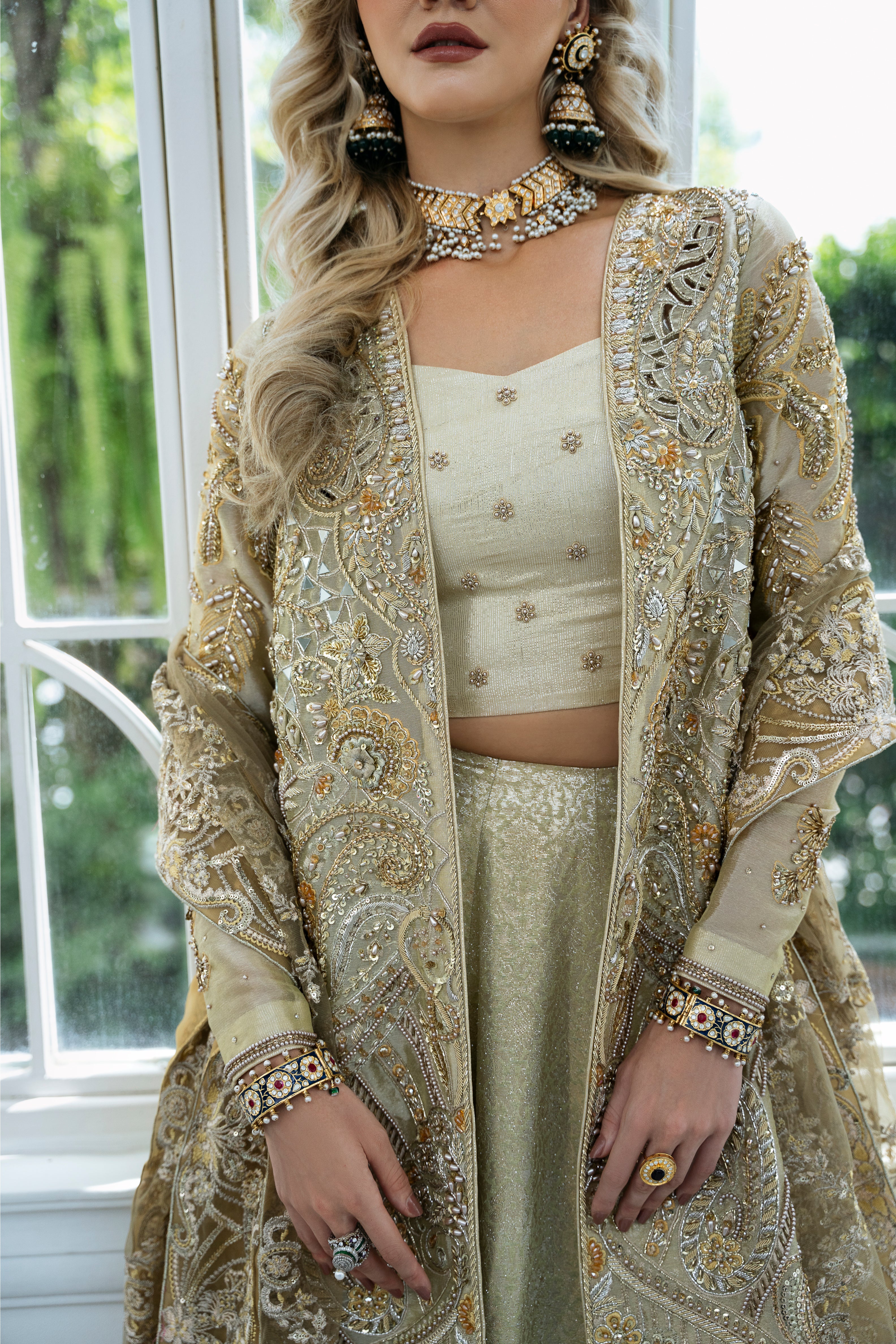 Pakistani Golden Embroidered Tissue Lehenga Set (3-Piece) - Image 4