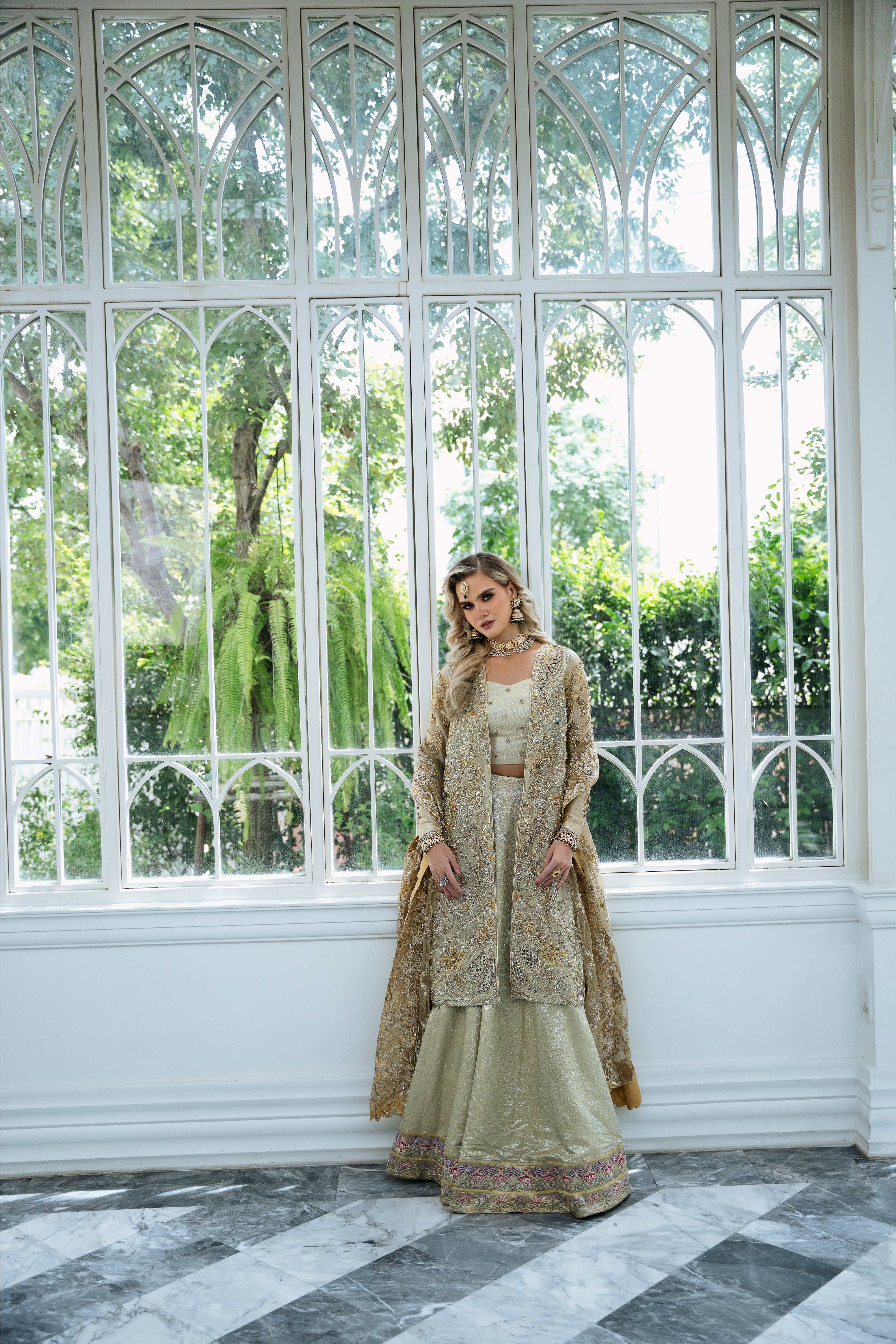 Pakistani Golden Embroidered Tissue Lehenga Set (3-Piece) - Image 5