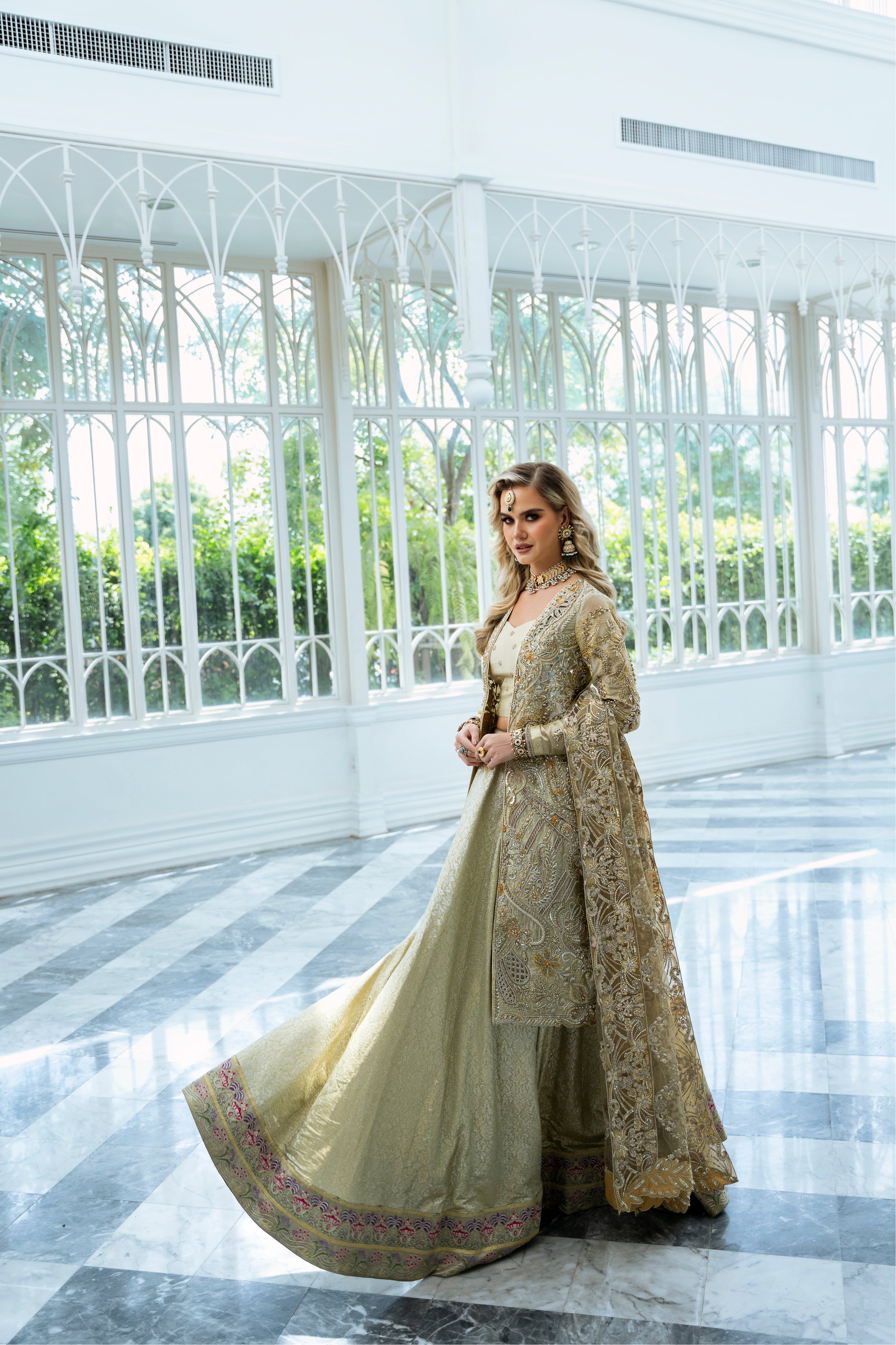 Pakistani Golden Embroidered Tissue Lehenga Set (3-Piece) - Image 6