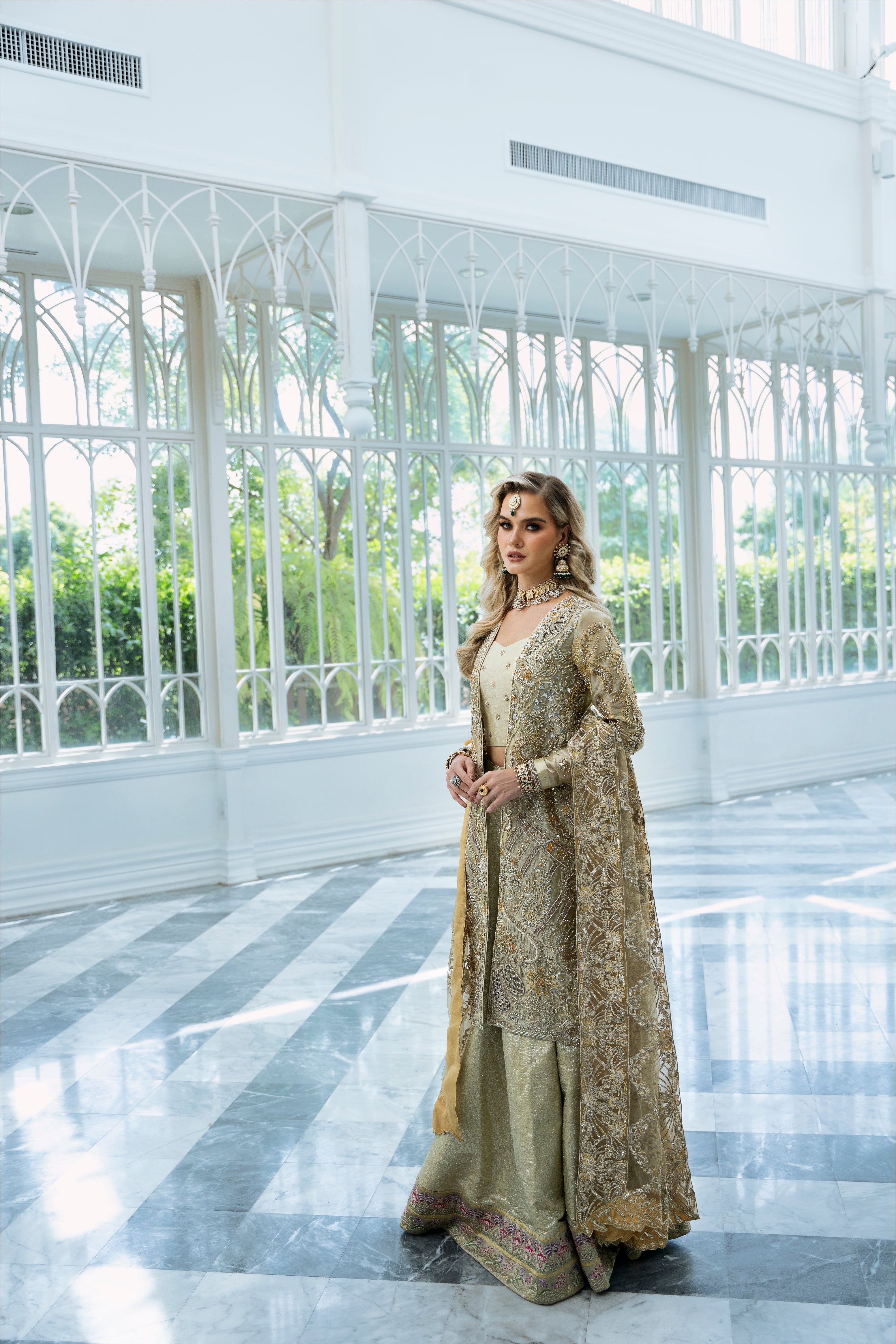 Pakistani Golden Embroidered Tissue Lehenga Set (3-Piece) - Image 7