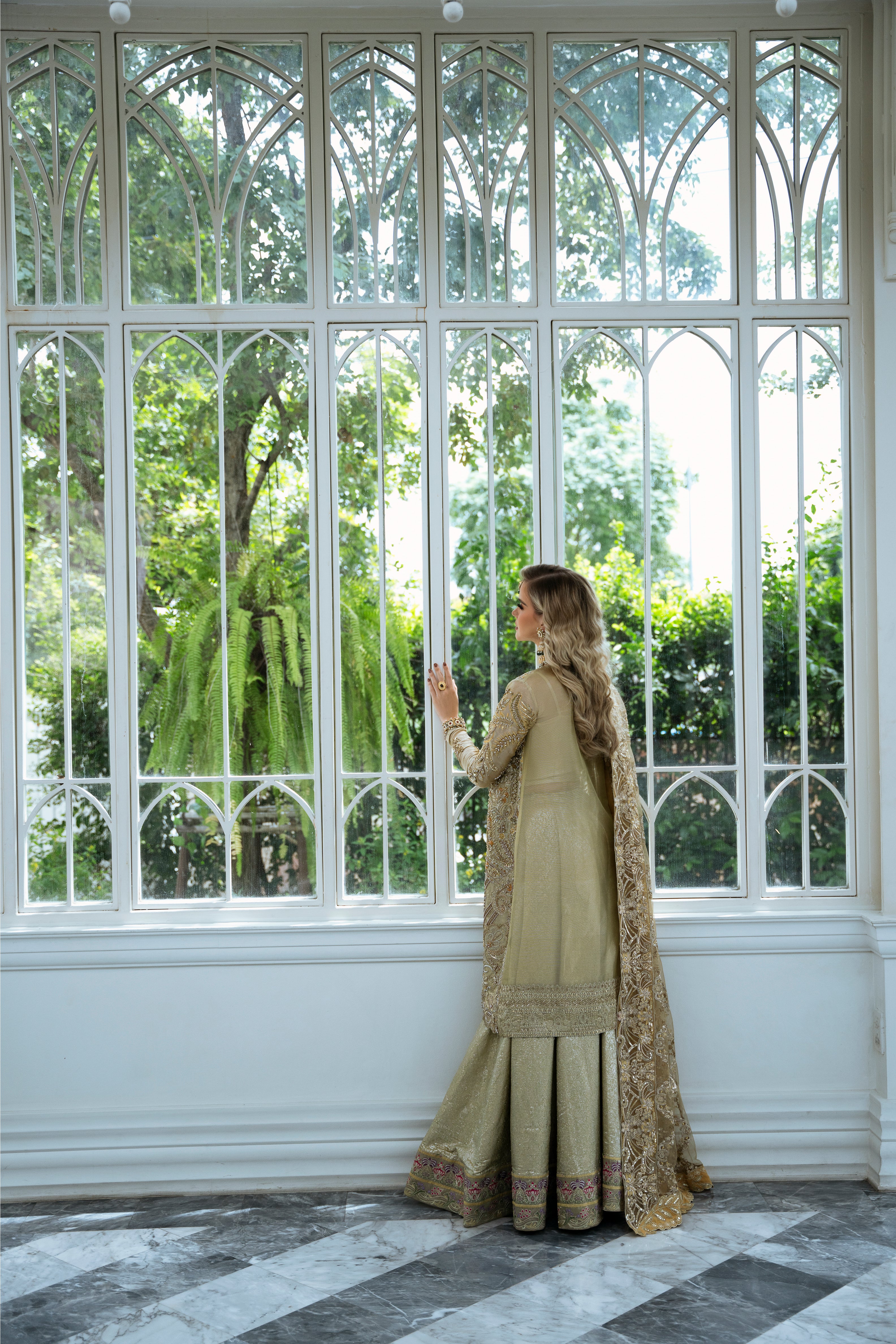 Pakistani Golden Embroidered Tissue Lehenga Set (3-Piece) - Image 8