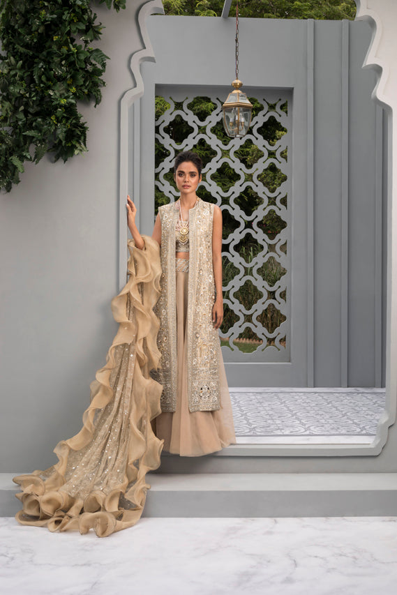 Rose Gold Embroidered Tissue Jacket Lehenga (3-Piece) - Image 1