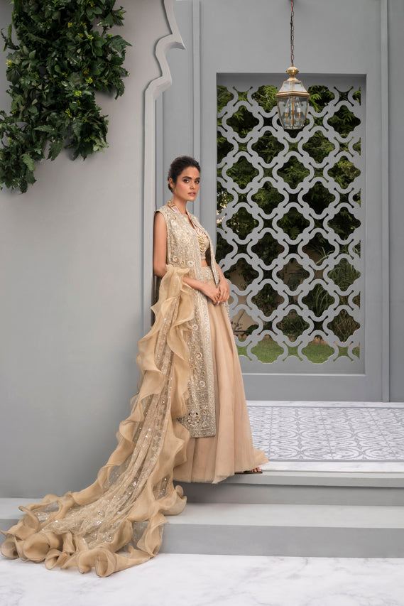 Rose Gold Embroidered Tissue Jacket Lehenga (3-Piece) - Image 2