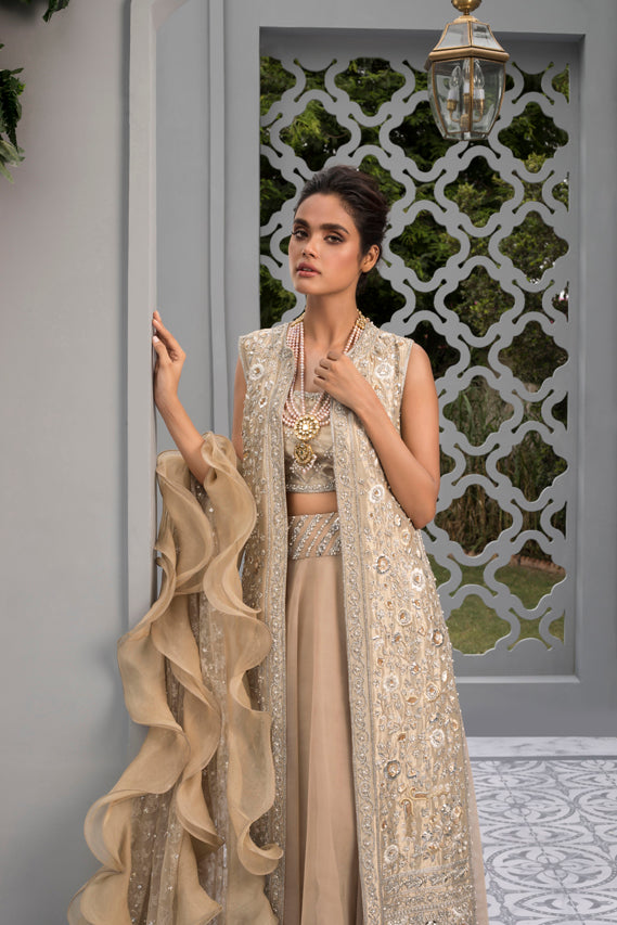 Rose Gold Embroidered Tissue Jacket Lehenga (3-Piece) - Image 3