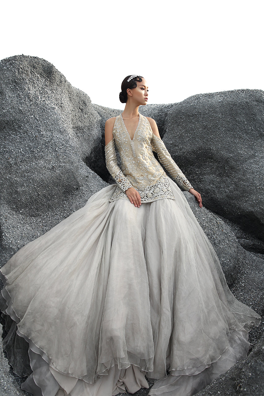 Gold Embroidered Tissue Lehenga Dress (3-Piece) - Image 1