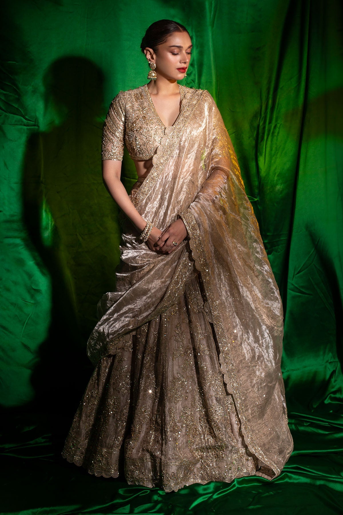 Gold Embroidered Net & Tissue Lehenga (3-Piece) - Image 1