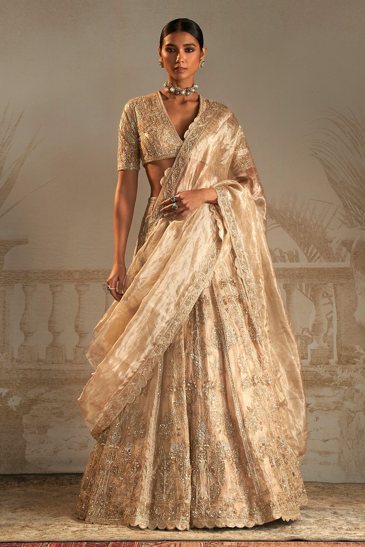 Gold Embroidered Net & Tissue Lehenga (3-Piece) - Image 10