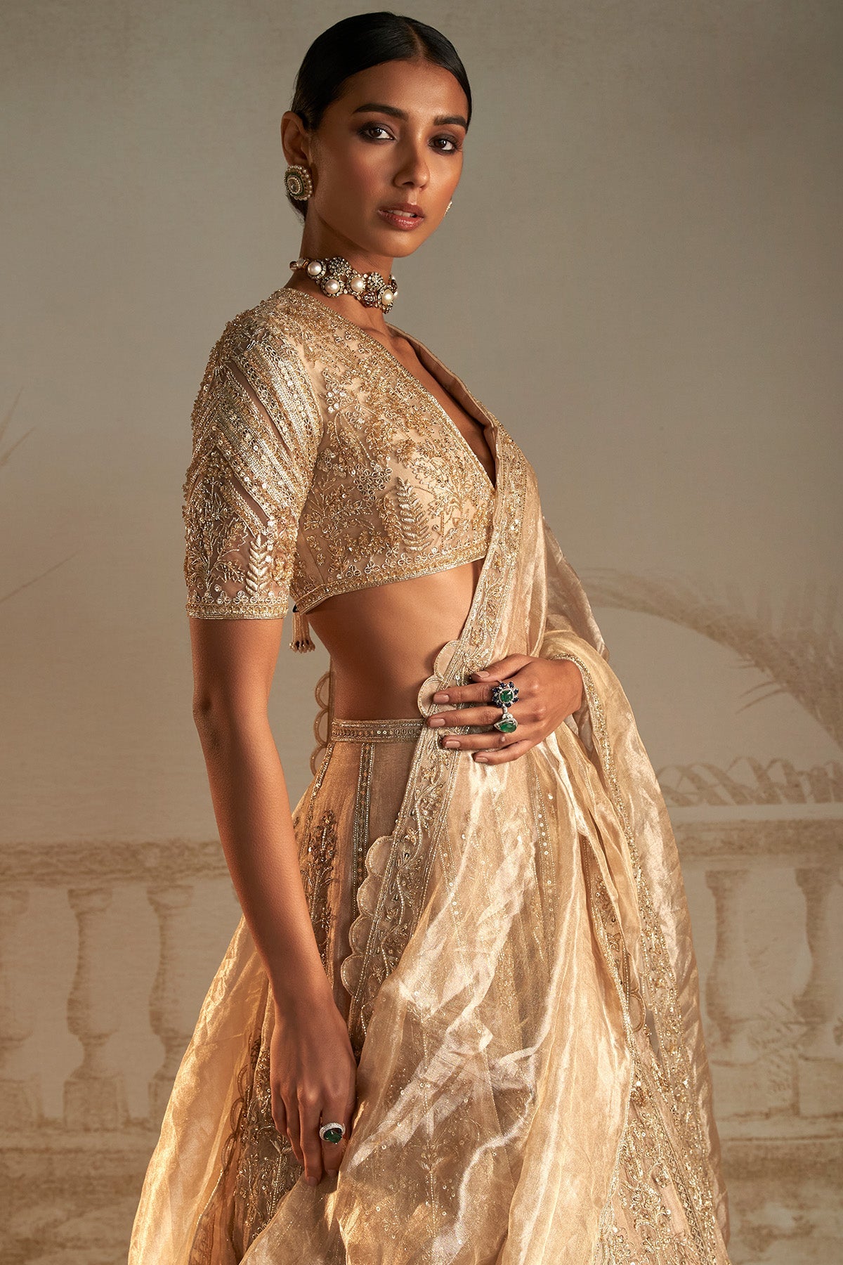 Gold Embroidered Net & Tissue Lehenga (3-Piece) - Image 12