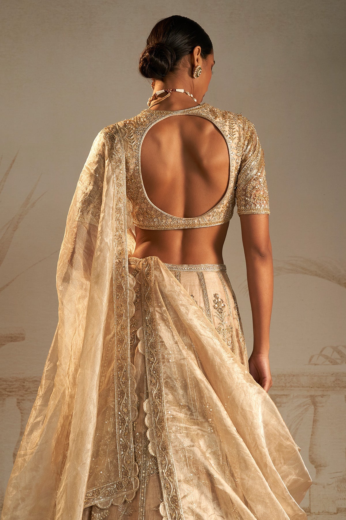 Gold Embroidered Net & Tissue Lehenga (3-Piece) - Image 13