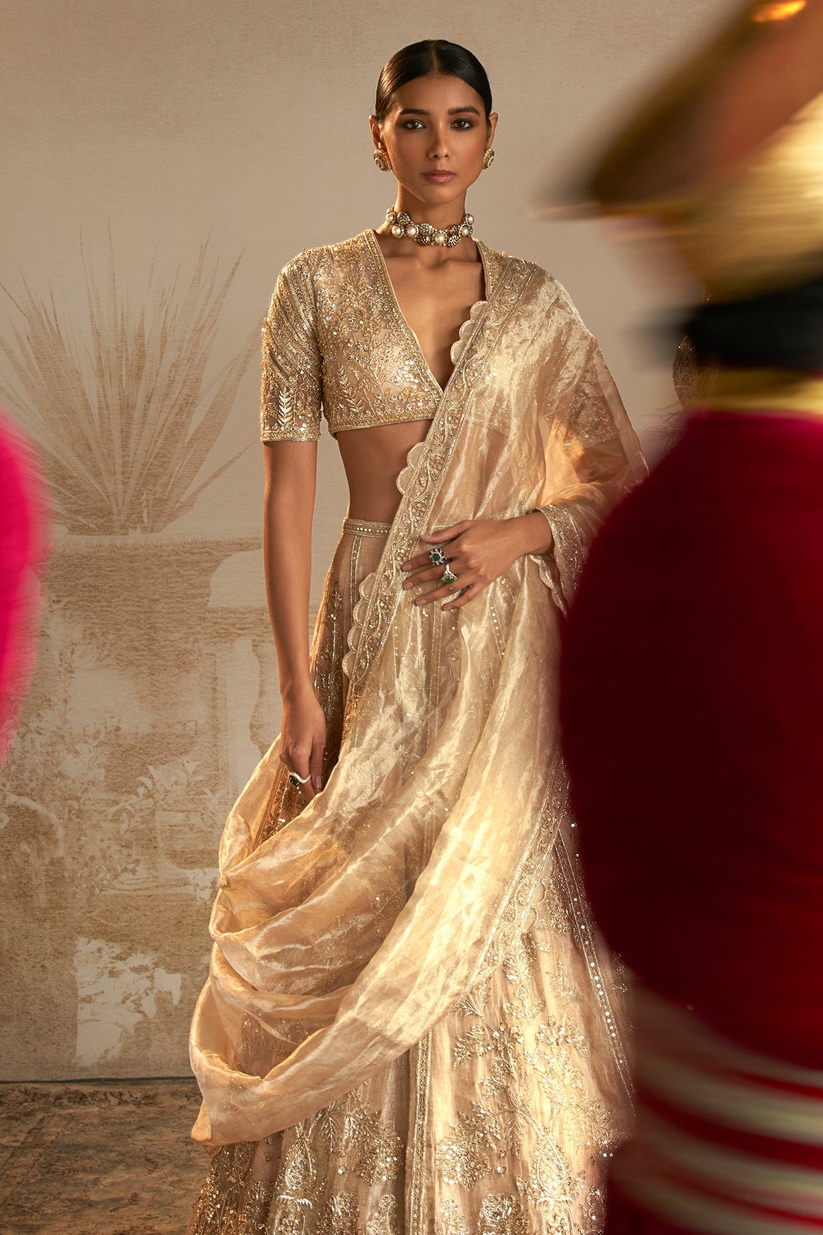 Gold Embroidered Net & Tissue Lehenga (3-Piece) - Image 14