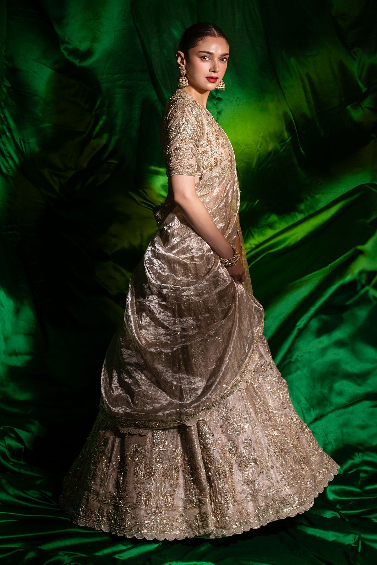 Gold Embroidered Net & Tissue Lehenga (3-Piece) - Image 3