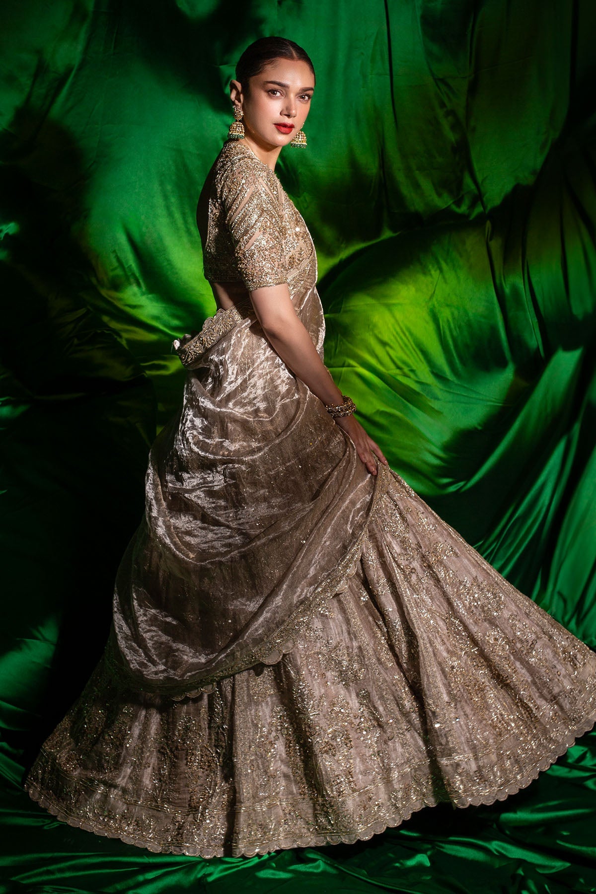 Gold Embroidered Net & Tissue Lehenga (3-Piece) - Image 4