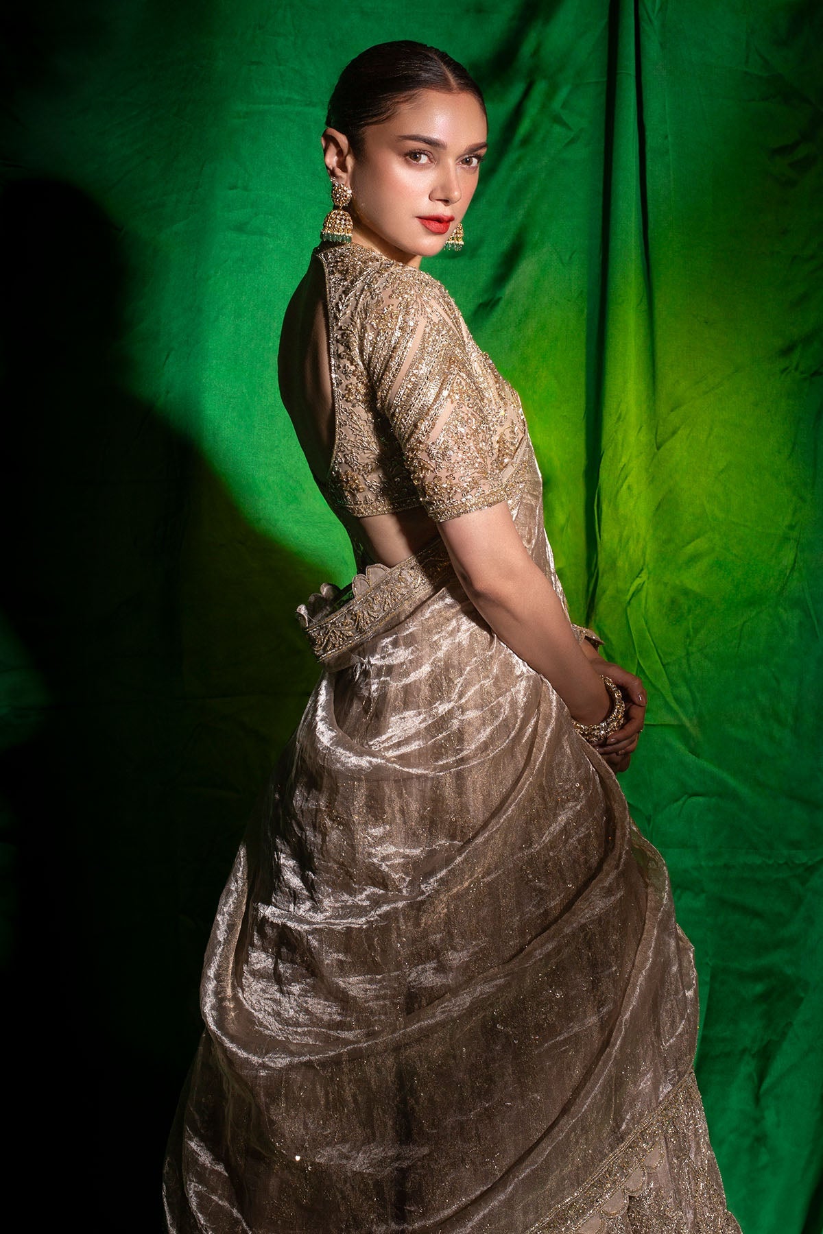 Gold Embroidered Net & Tissue Lehenga (3-Piece) - Image 5