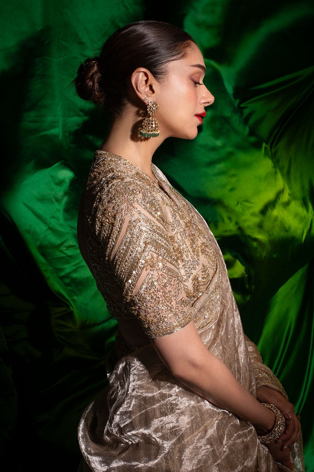 Gold Embroidered Net & Tissue Lehenga (3-Piece) - Image 6