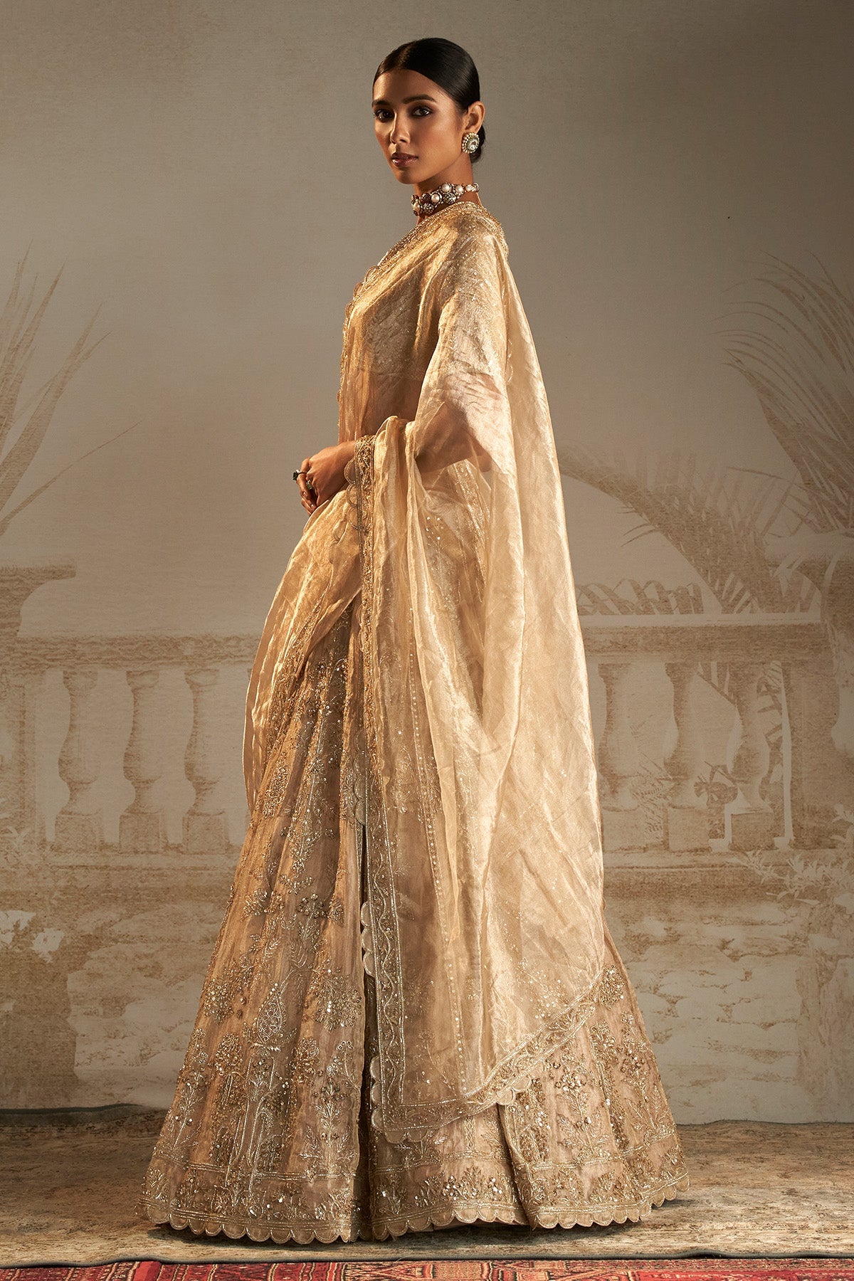 Gold Embroidered Net & Tissue Lehenga (3-Piece) - Image 9