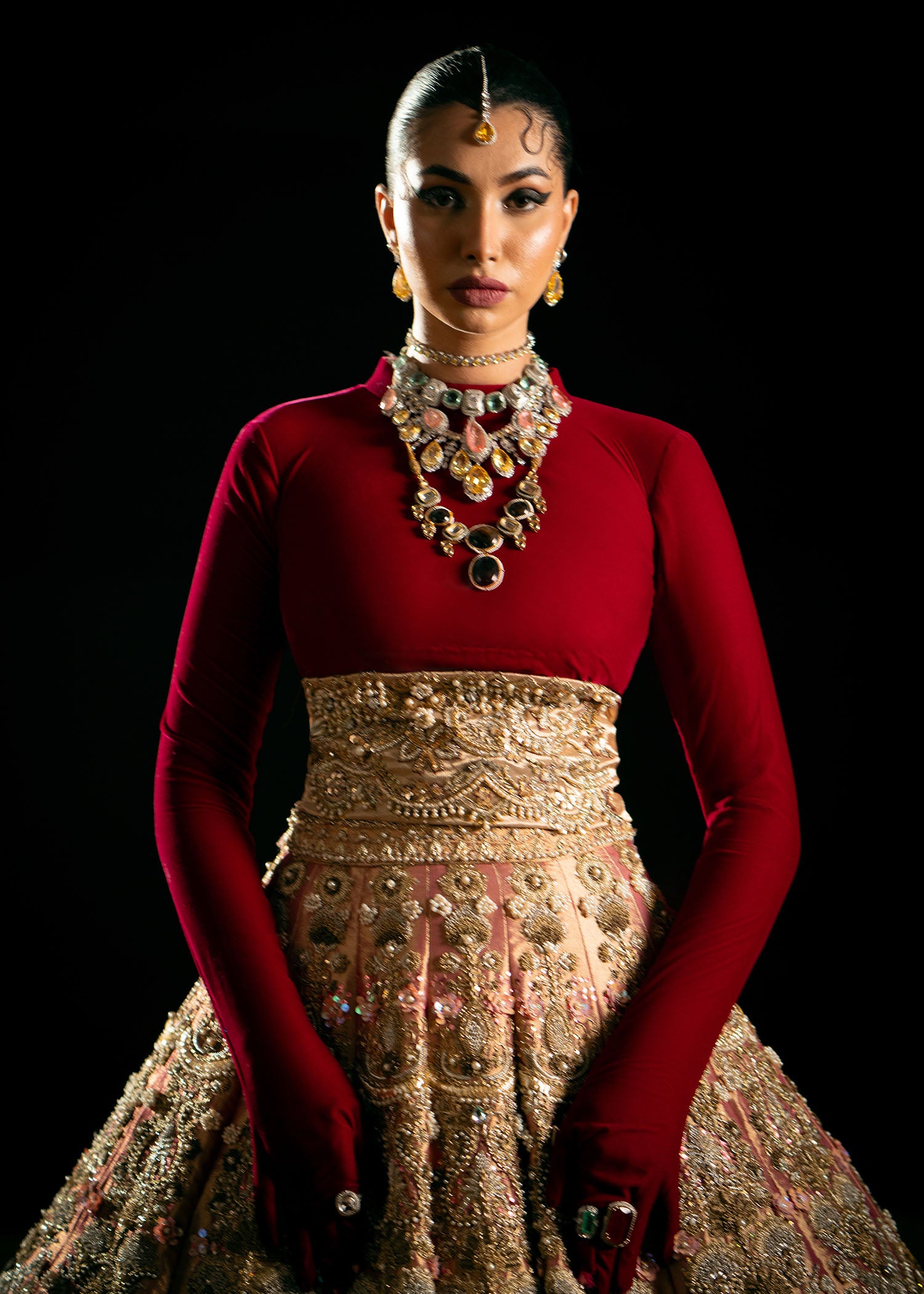 Pakistani Copper Gold Embellished Tissue Lehenga (3-Piece) - Image 2