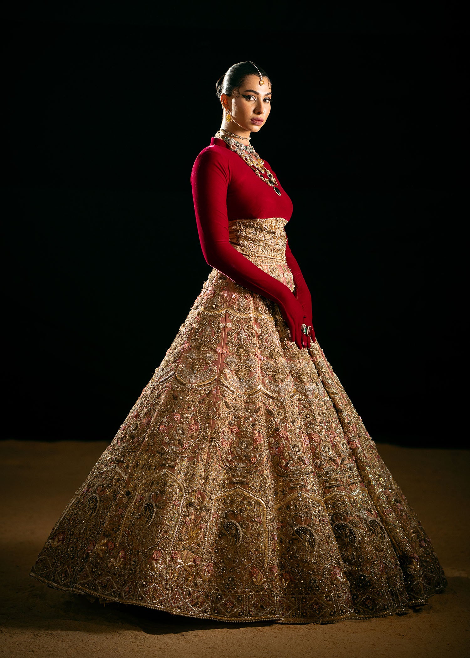 Pakistani Copper Gold Embellished Tissue Lehenga (3-Piece) - Image 3