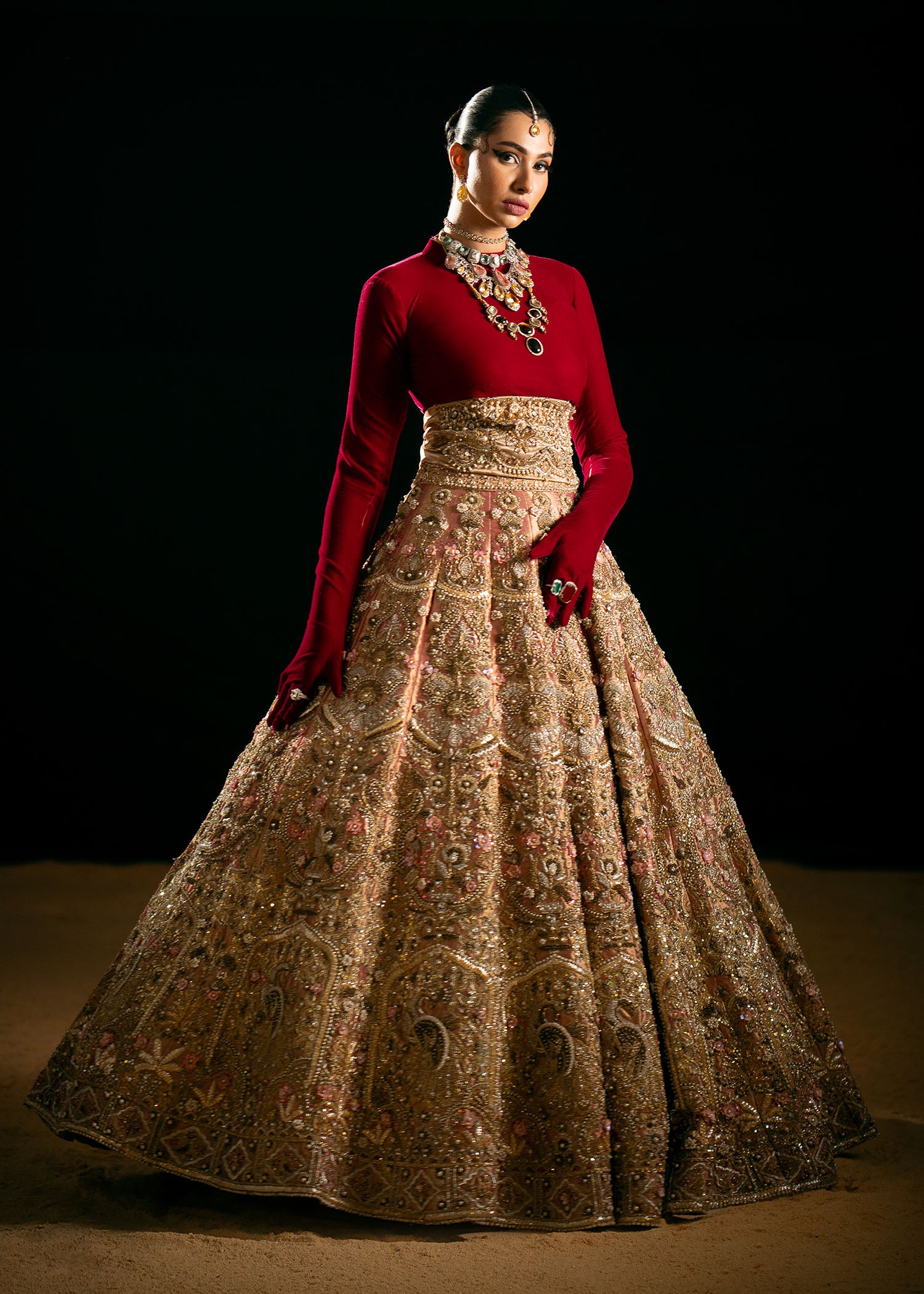 Pakistani Copper Gold Embellished Tissue Lehenga (3-Piece) - Image 4
