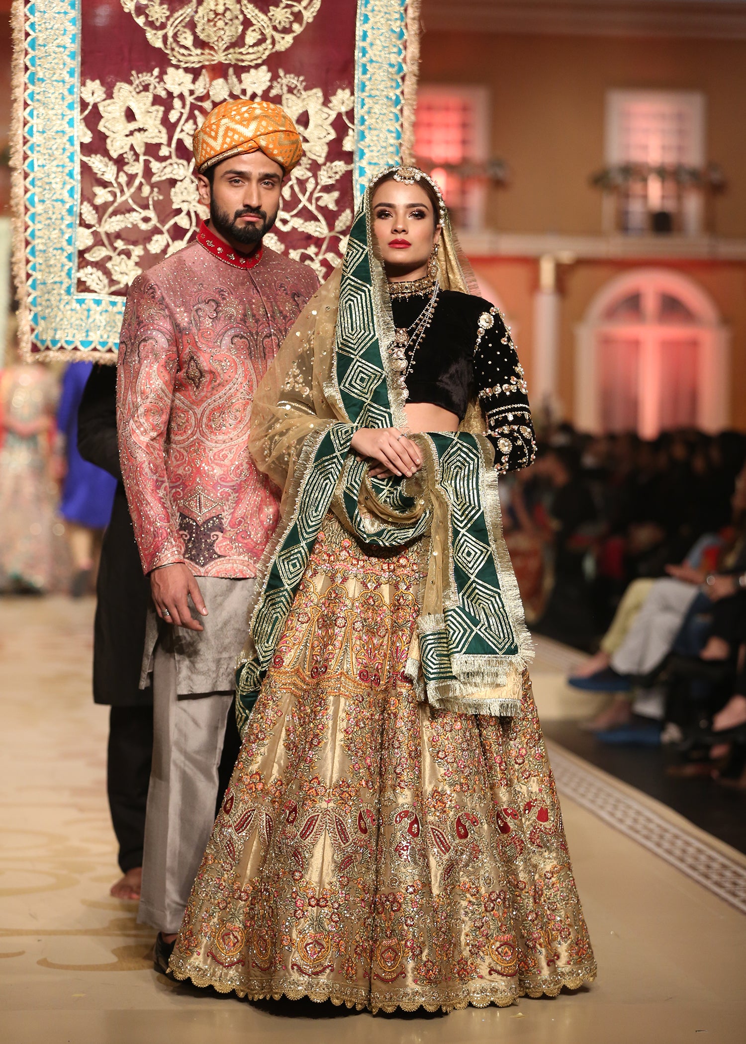 Beige Gold Embroidered Tissue Lehenga (3-Piece) - Image 1