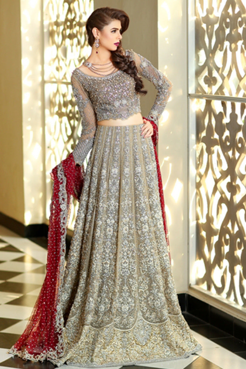 Pakistani Golden Embroidered Tissue & Net Lehenga (3-Piece) - Image 1