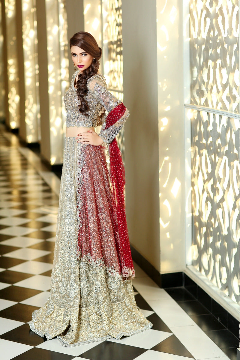 Pakistani Golden Embroidered Tissue & Net Lehenga (3-Piece) - Image 2