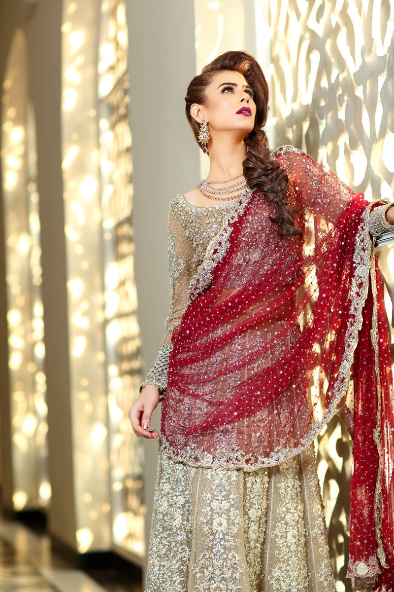 Pakistani Golden Embroidered Tissue & Net Lehenga (3-Piece) - Image 3