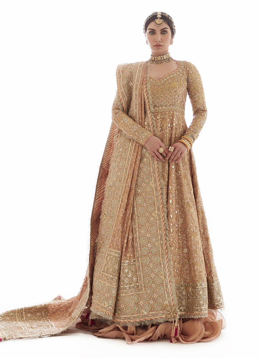 Rose Gold Embroidered Tissue Kalidaar Lehenga (3-Piece) - Image 1