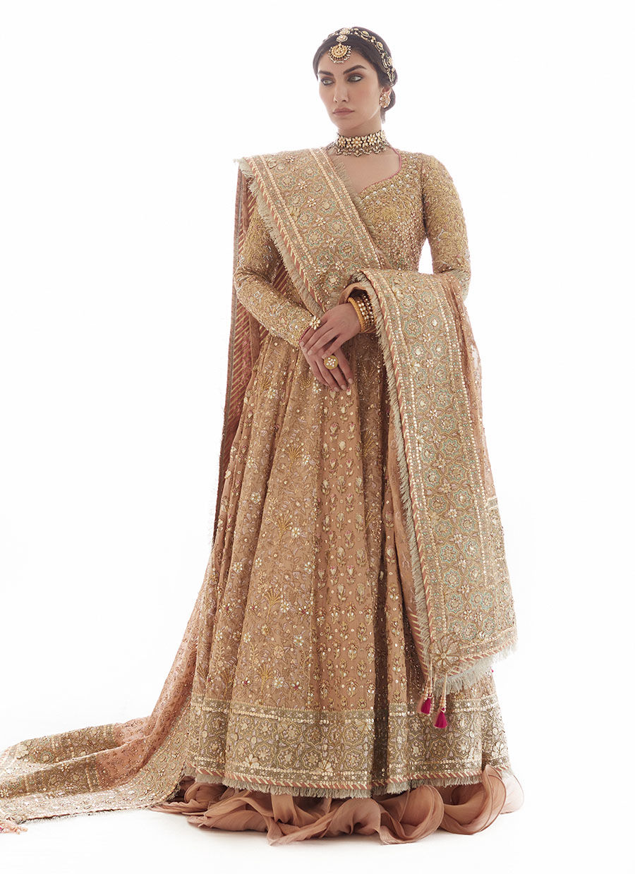 Rose Gold Embroidered Tissue Kalidaar Lehenga (3-Piece) - Image 2