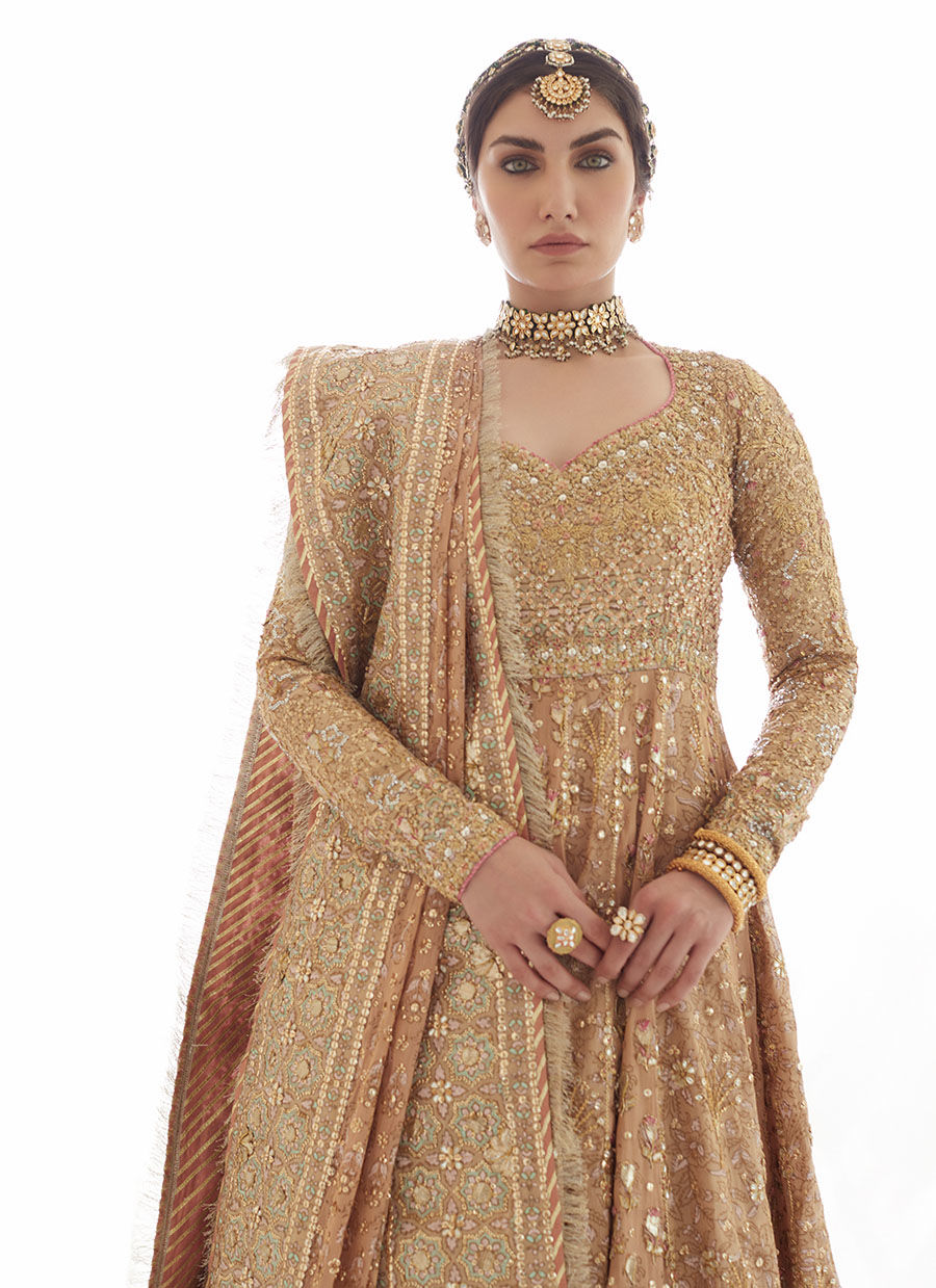 Rose Gold Embroidered Tissue Kalidaar Lehenga (3-Piece) - Image 5