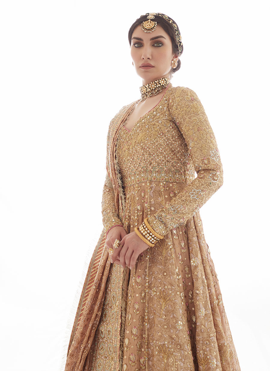 Rose Gold Embroidered Tissue Kalidaar Lehenga (3-Piece) - Image 6