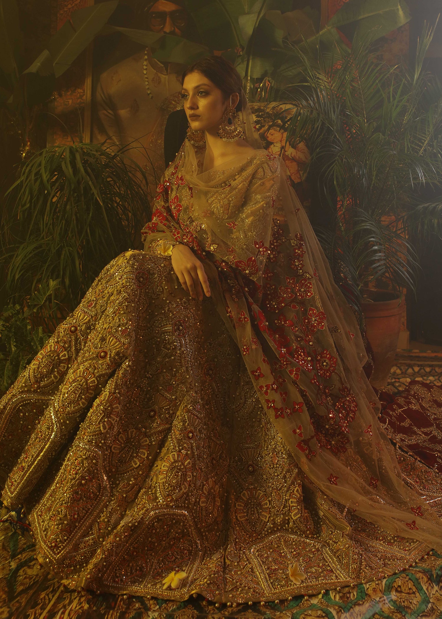 Pakistani Ruby Vintage Gold Embroidered Tissue Lehenga Choli (3-Piece) - Image 1