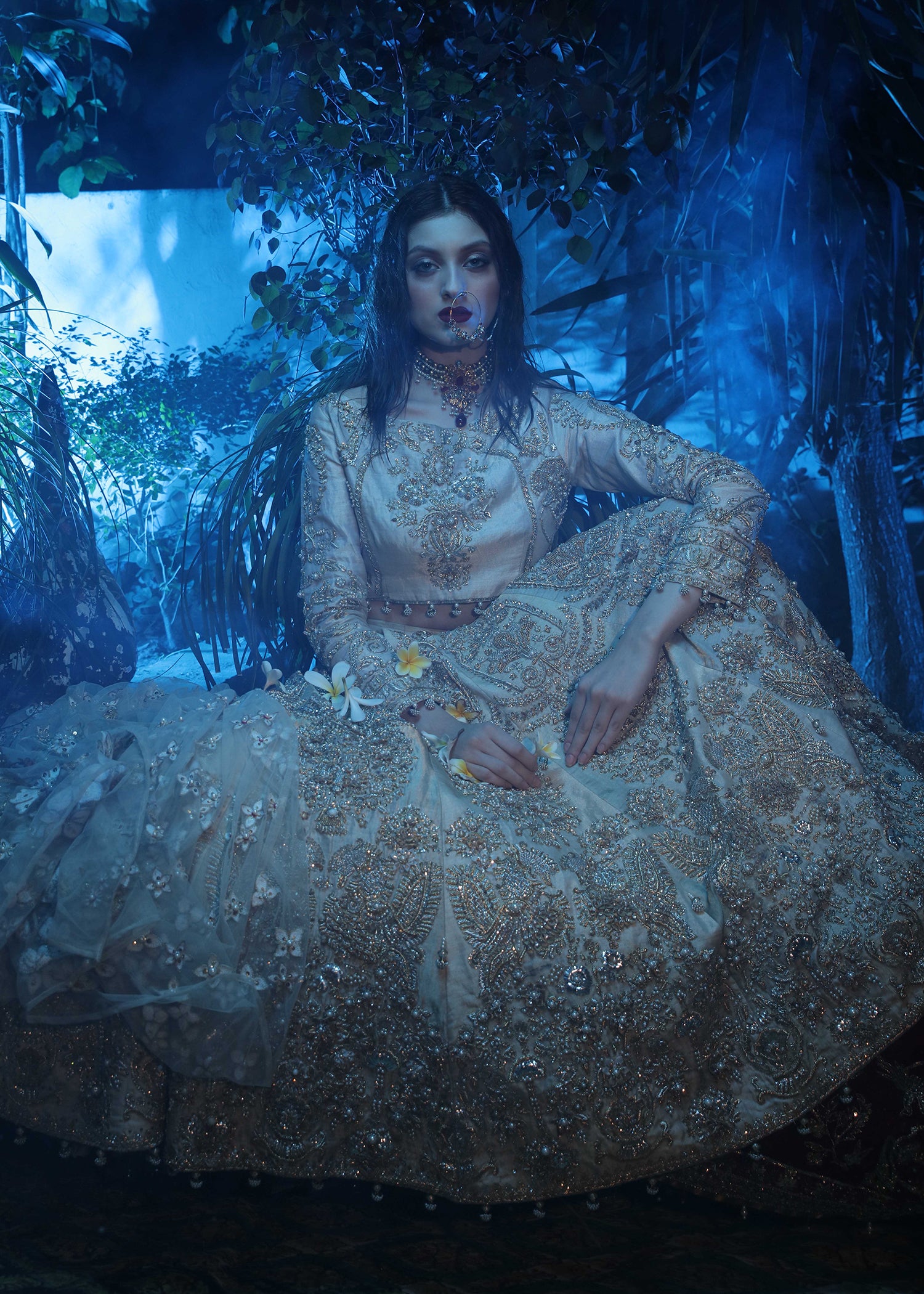 Beige Vintage Gold Zardozi Tissue Lehenga Choli (3-Piece) - Image 1