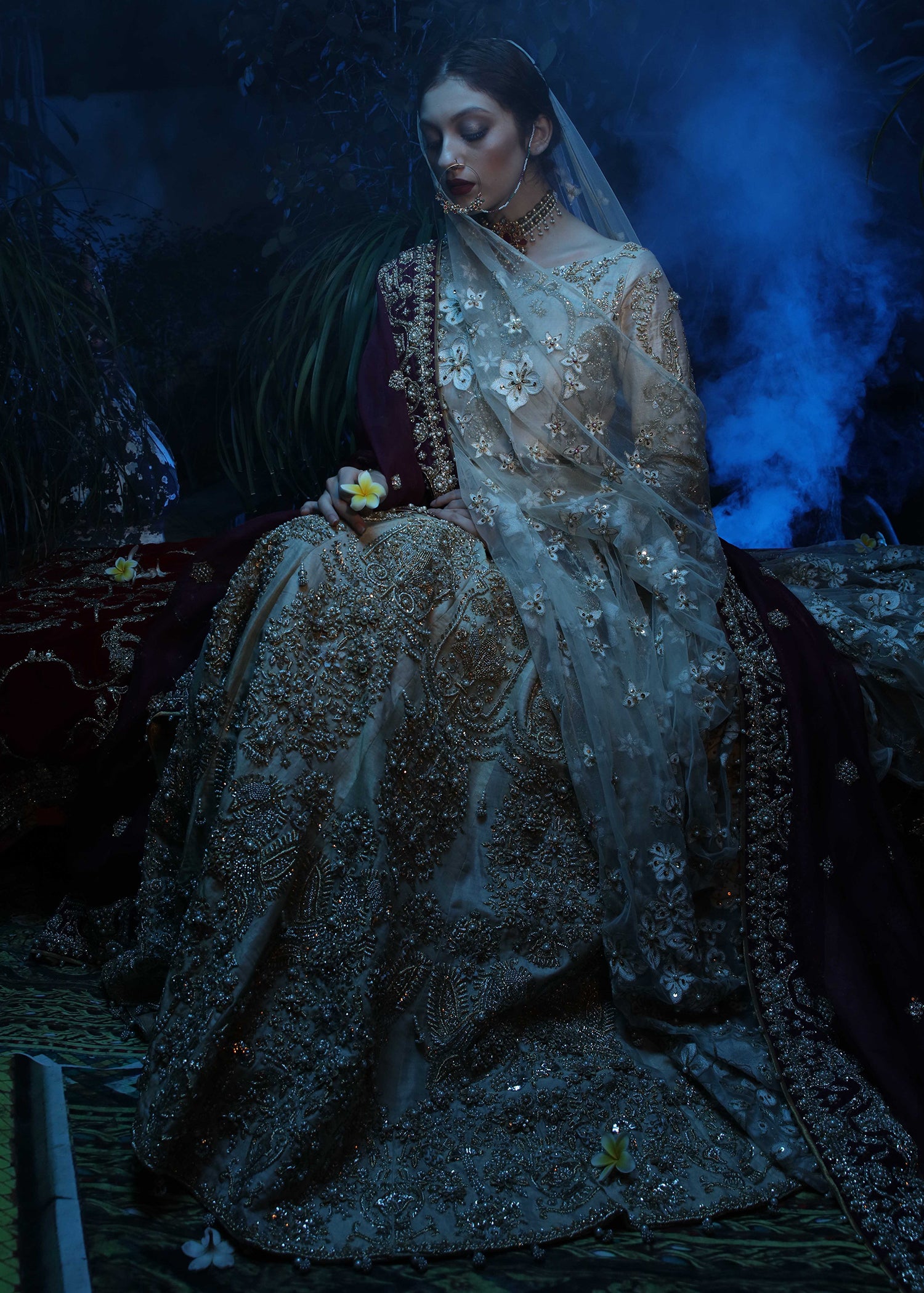 Beige Vintage Gold Zardozi Tissue Lehenga Choli (3-Piece) - Image 3