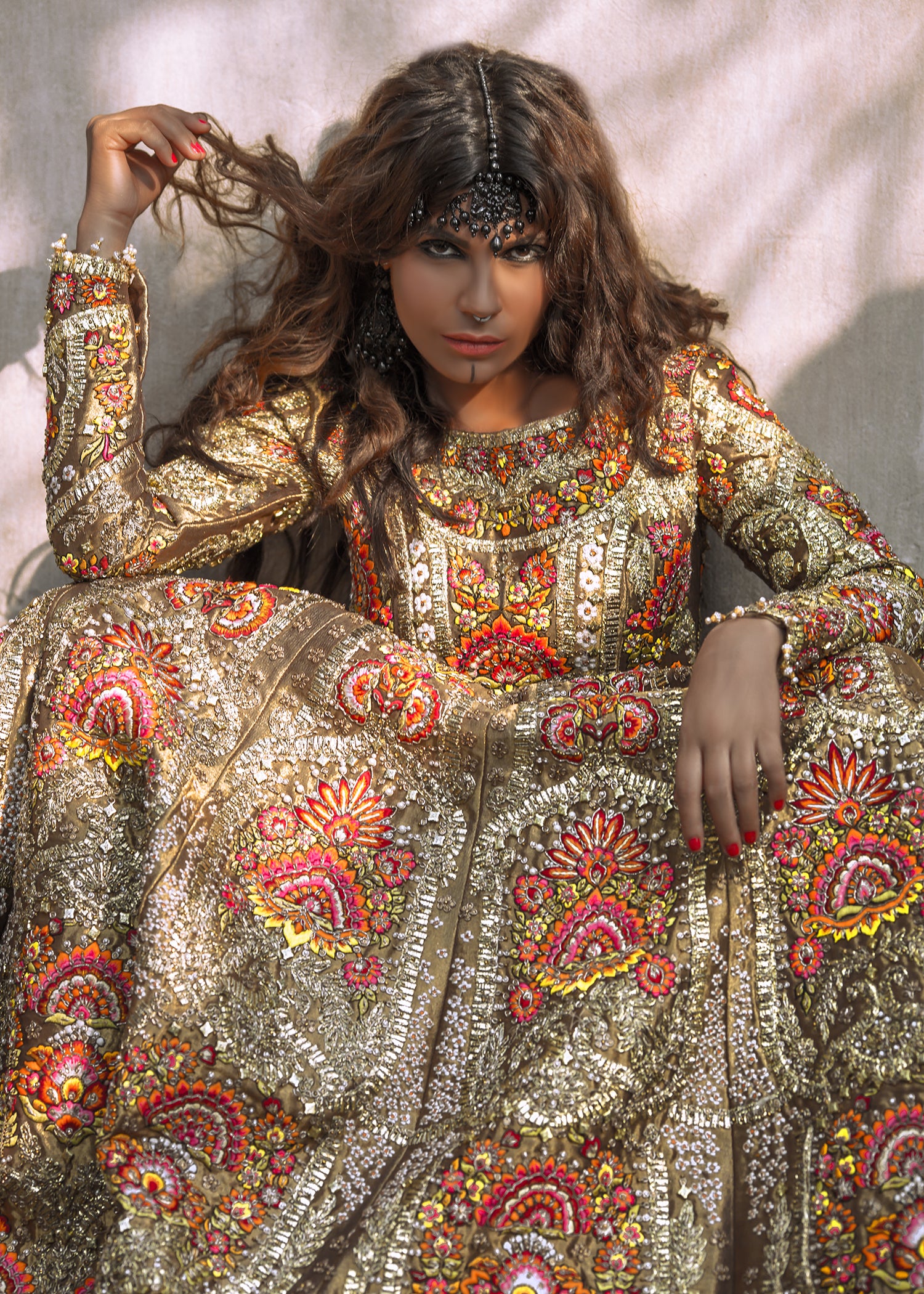 Beige Gold Embroidered Tissue Lehenga Choli (3-Piece) - Image 1