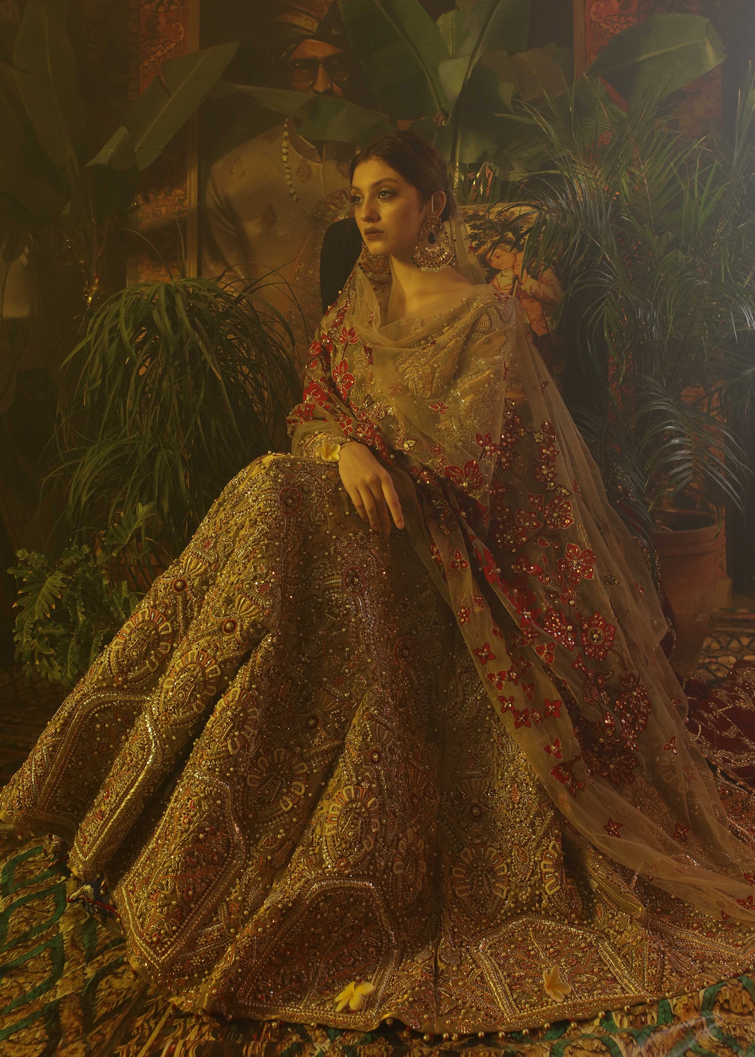 Oxidised Gold Zardozi Tissue Lehenga Choli (3-Piece) - Image 2