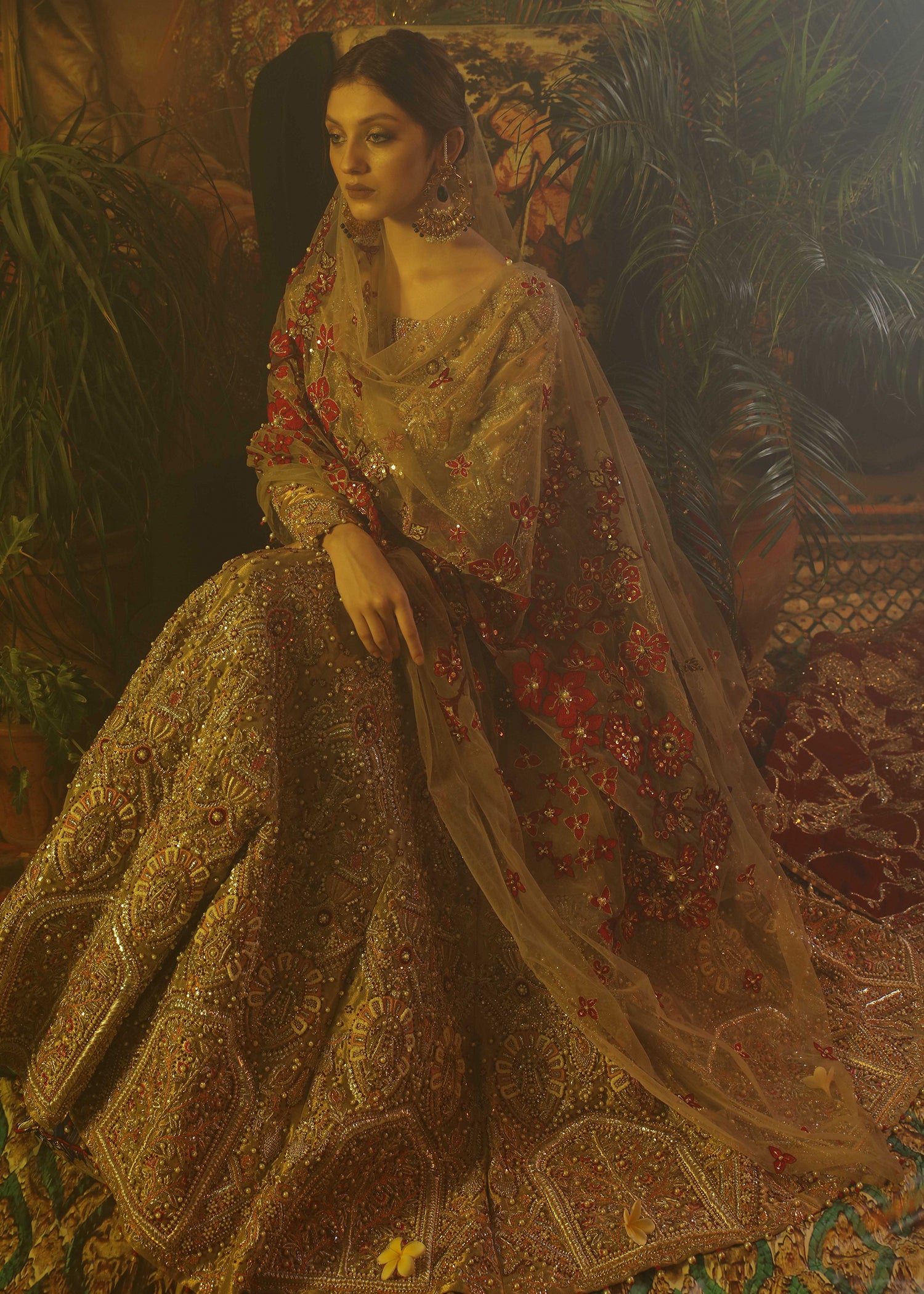 Oxidised Gold Zardozi Tissue Lehenga Choli (3-Piece) - Image 3