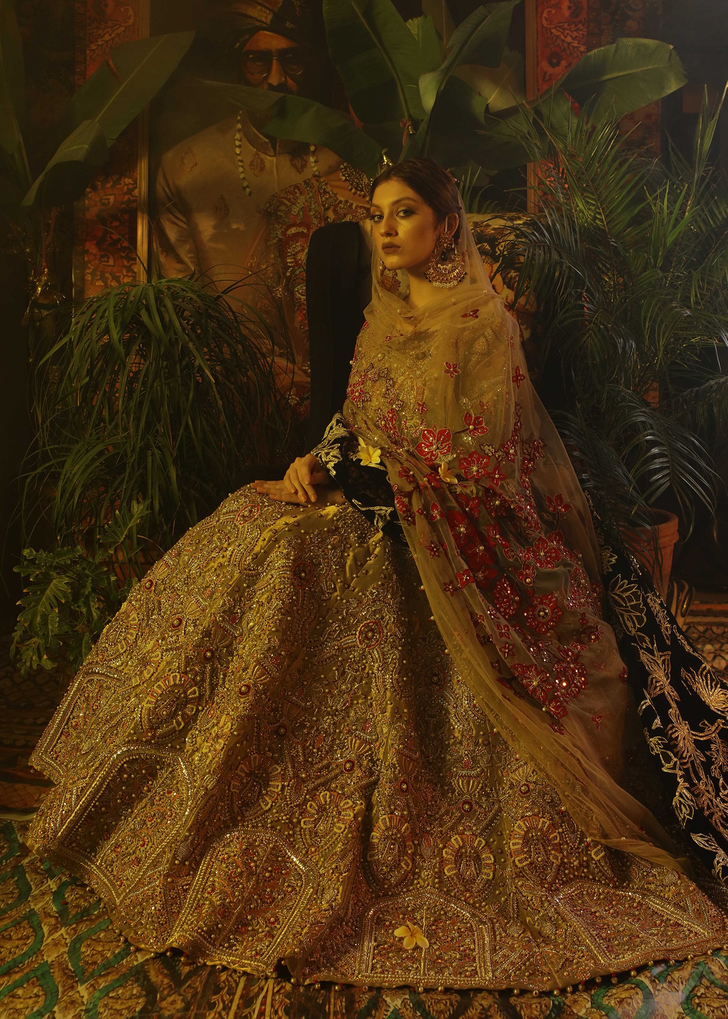 Oxidised Gold Zardozi Tissue Lehenga Choli (3-Piece) - Image 4